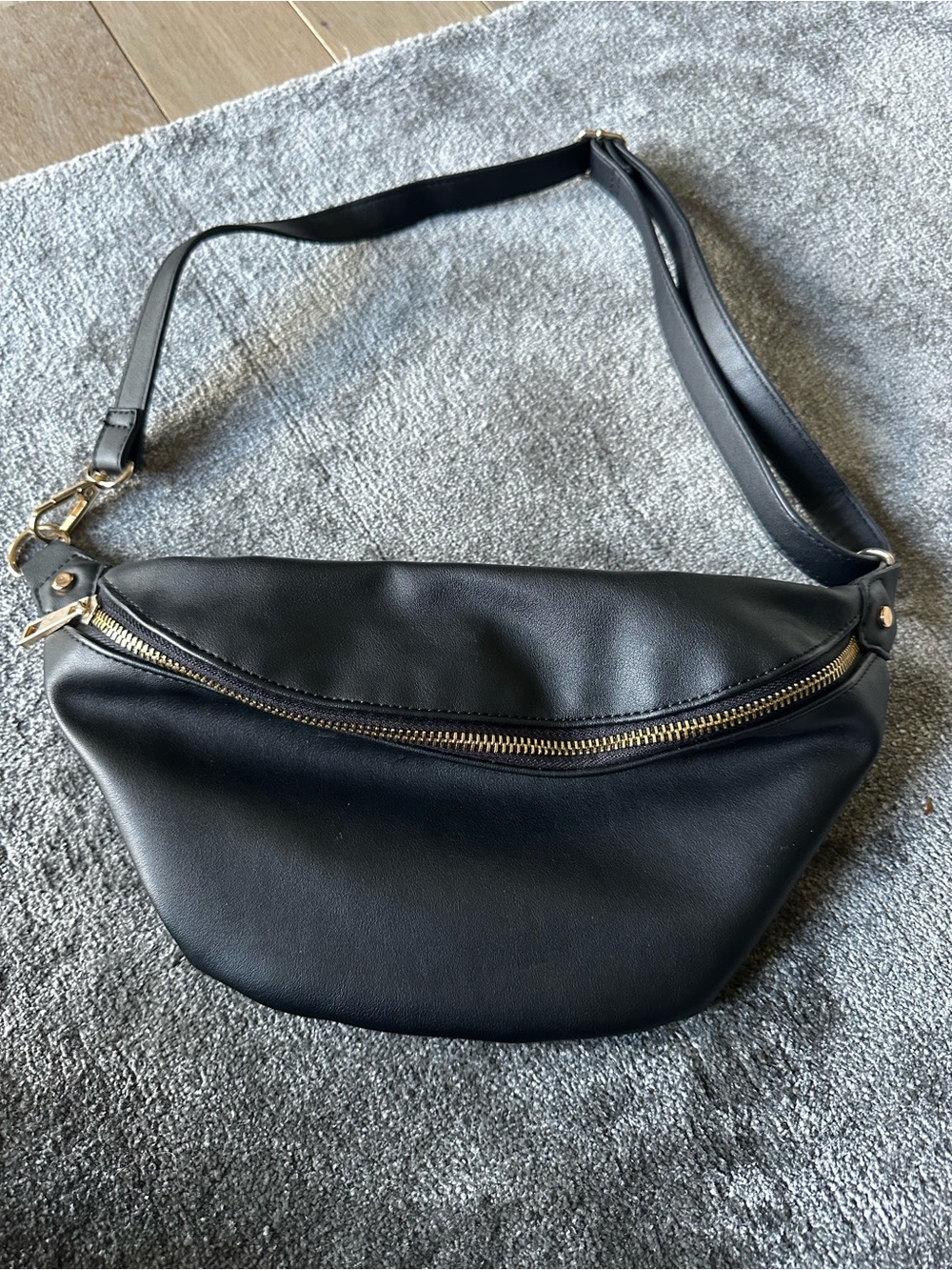 a new day Black Faux Leather Crossbody Belt Bag with Gold Hardware